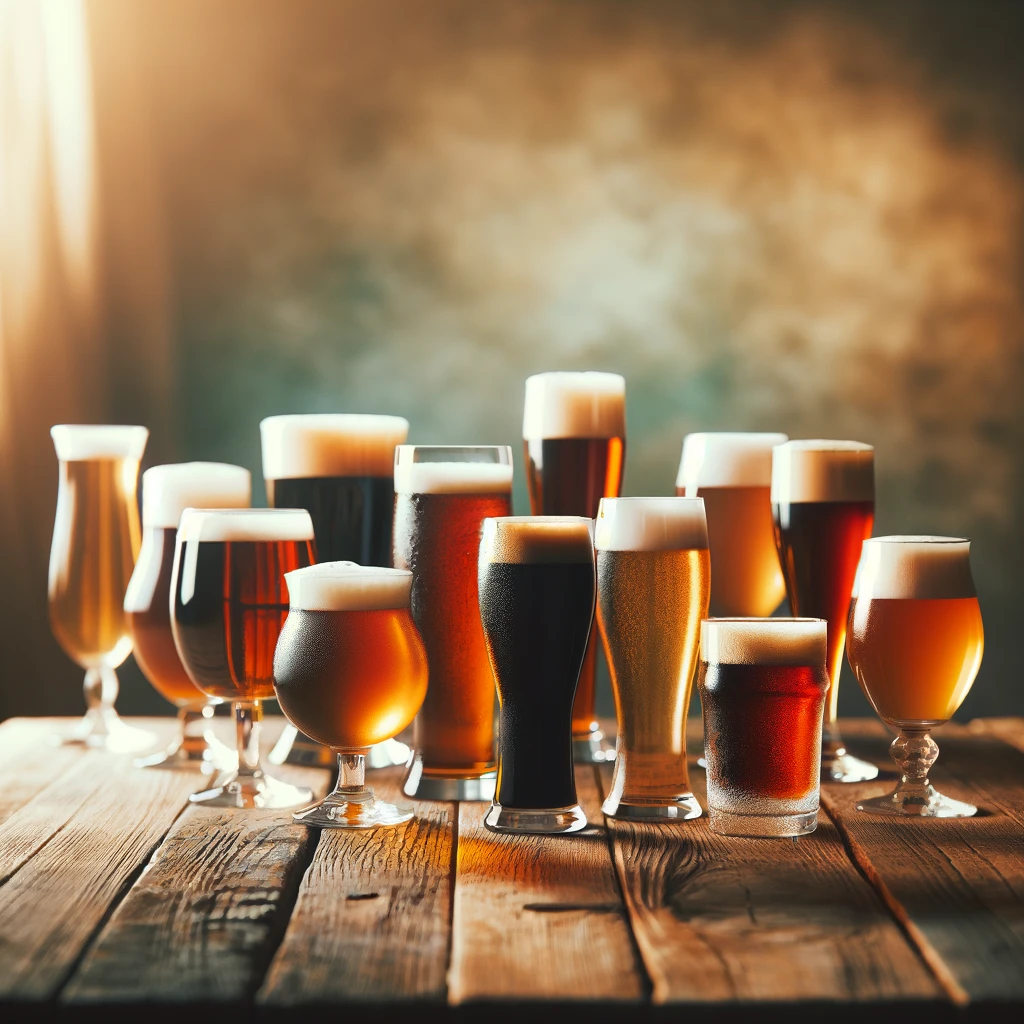 A rustic table of beer in their varied glasses.